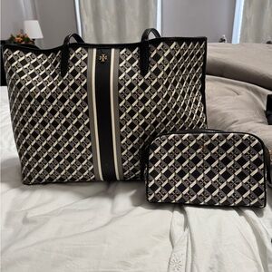 Tory Burch Black and White Tote with Diagonal Stripe Pattern
